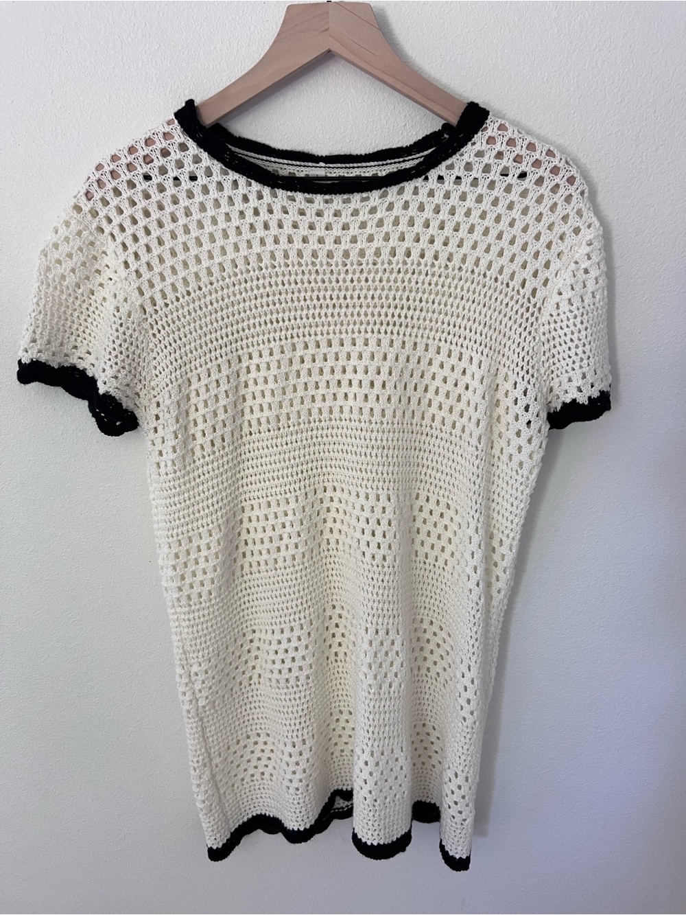 Crochet Short Sleeve Swim Coverup in Cream with Black Trim